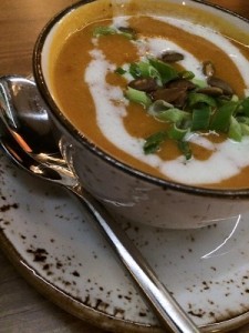 Butternut squash and roasted tomato bisque with roasted pumpkin seeds at Mustang Wendys